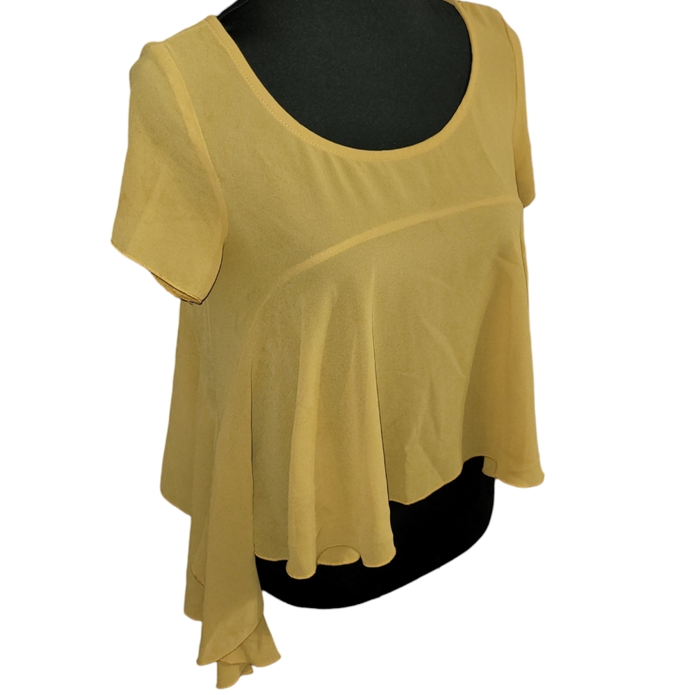 October Sky yellow semi-sheer fishtail cropped blouse Size S